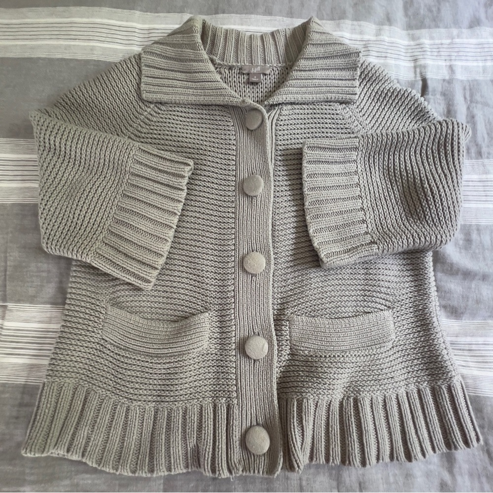 J.Jill Chunky Knit Cardigan Womens Gray Ribbed Trim 3/4 Sleeve Size Small S